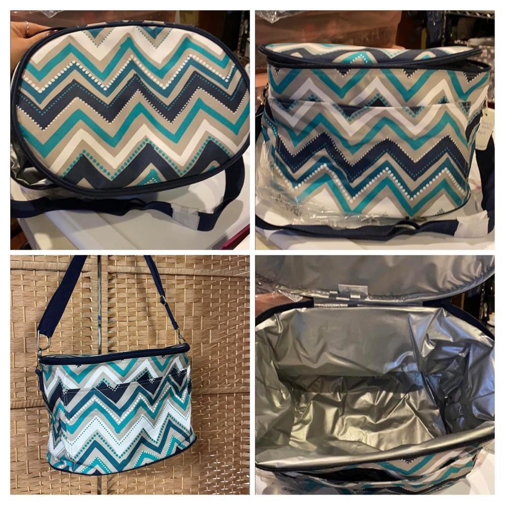 Thirty-One Chevron Cosmetic Bag - Teal, Navy, and White thermal organizer cooler